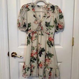 Cream, Red, and Green Floral Minidress